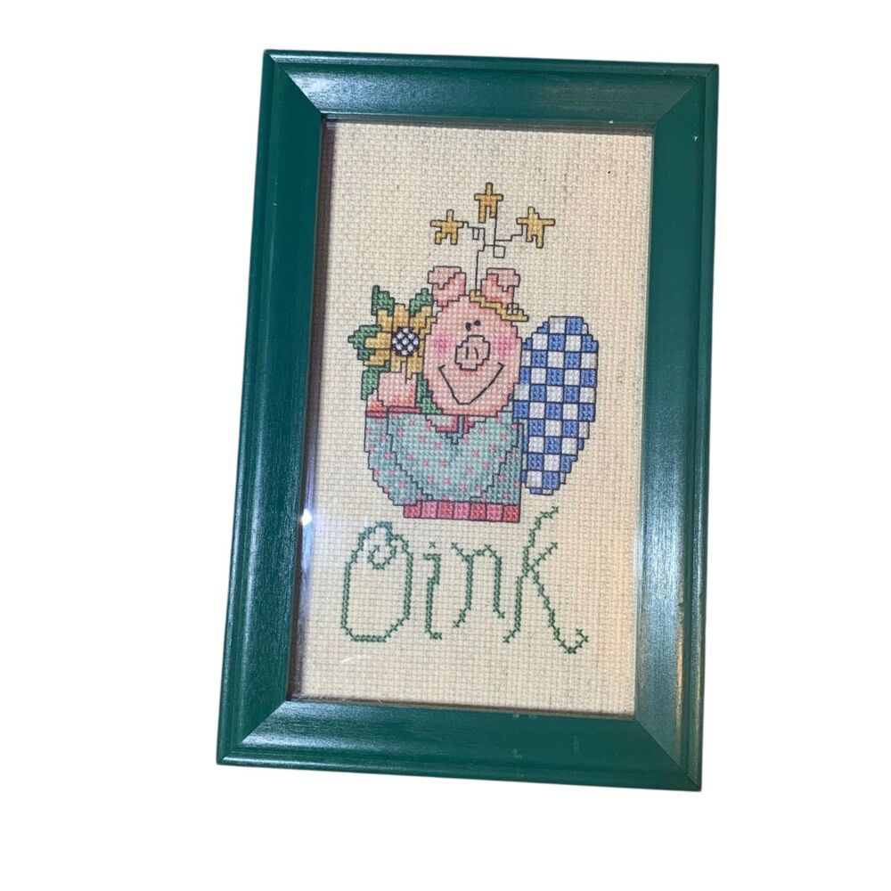 Handmade Cross Stitch Angel Pig Framed Country Farmhouse Cottage